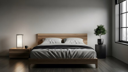 Accents showing minimalist bedroom with wooden accents and a small potted plant. resolution...の写真素材