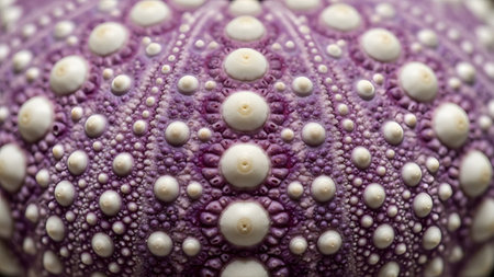 Purple showing extreme close-up of a purple sea urchin shell with intricate white circular...の写真素材