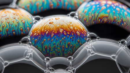 Interconnected iridescent soap bubbles are captured in a macro view, showcasing vibrant rainbow...