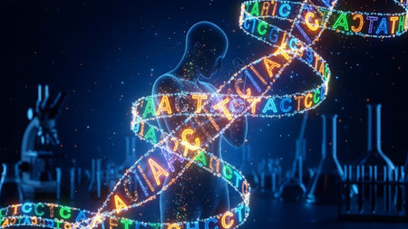 A translucent human figure looks down as a vibrant, glowing DNA helix twists around it in a lab.