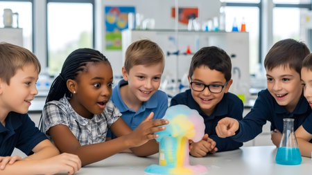 Diverse showing diverse group of excited elementary school children observing a colorful science...