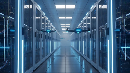 Drones fly down a symmetrical hallway in a data center, with blue lights illuminating the server...
