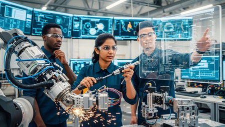 Engineers showing diverse engineers collaborate on robotic arm development with holographic in a...