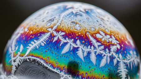 Colors showing full spherical view of a soap bubble with detailed frost patterns and vibrant...