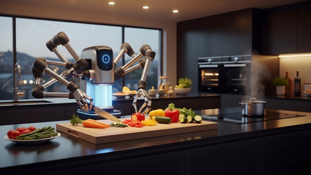 A multi-armed robot chops vegetables in a sleek, modern dark kitchen with a steaming pot.の写真素材
