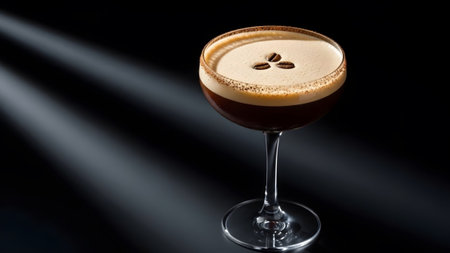 Beans showing espresso martini cocktail with coffee beans and cocoa powder garnish in glass....