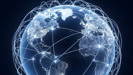 A dark blue planet Earth glows with city lights connected by bright white digital network lines...