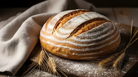 showing golden brown sourdough bread loaf with wheat stalks and linen cloth on wooden...