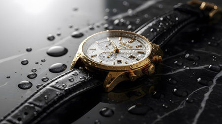 Chronograph showing gold chronograph wristwatch with white dial and black leather strap on wet...
