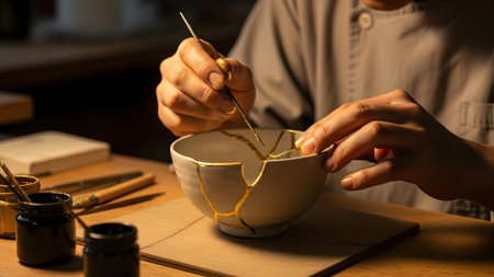 showing hands repairing a cracked ceramic bowl with gold lacquer in kintsugi.