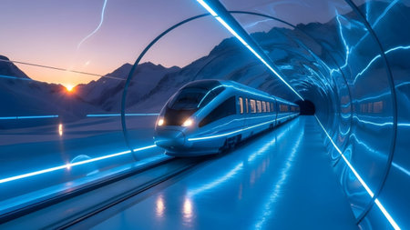 Background showing futuristic high-speed train emerging from a glowing blue tunnel with snowy...の写真素材