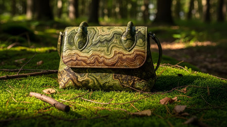 Green handbag with a wavy textured pattern rests on a mossy forest floor with sunlight....の写真素材