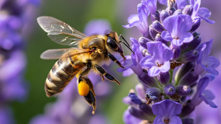showing honey bee collecting pollen from a vibrant purple lavender flower. resolution...