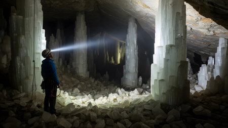 A person in a blue jacket and helmet shines a bright light on massive translucent crystal...