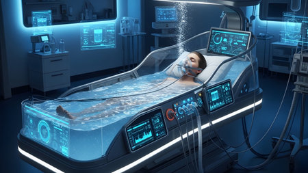 showing futuristic medical pod with a person submerged in water and advanced holographic...