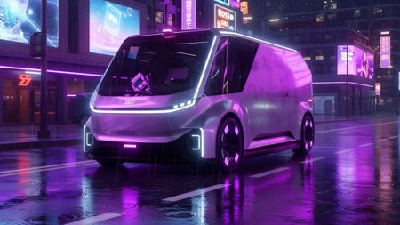 showing futuristic van with pink and white neon accents on a rainy, reflective...の写真素材
