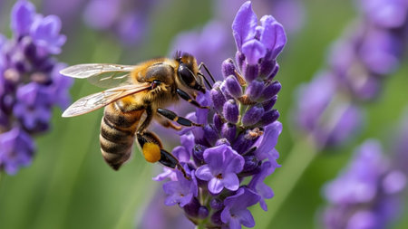 A close-up view of a honeybee with visible pollen baskets on its legs, actively collecting...