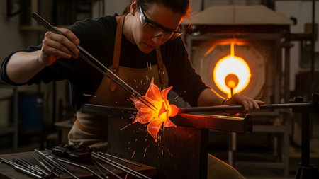 Glassblower showing glassblower shaping molten orange glass flower with tools near glowing...