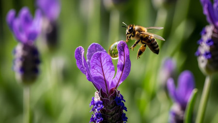 A detailed macro shot of a honeybee hovering near a purple lavender bloom, collecting nectar...の写真素材