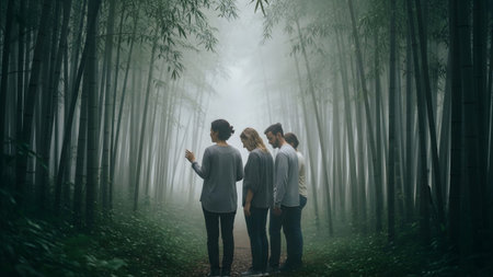 Four people stand on a path in a dense, misty bamboo forest, their backs to the viewer, gazing...