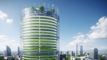 A cylindrical skyscraper multiple levels of lush green vertical farms and wind turbines on its roof.