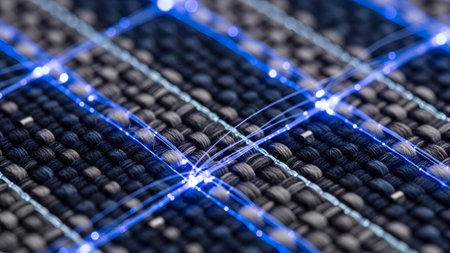 showing intricate network of glowing blue fiber optic threads on dark woven.