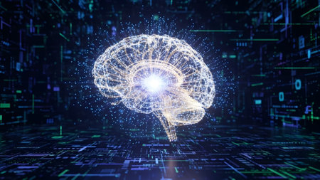 Background showing glowing digital brain network with binary code and data streams background....
