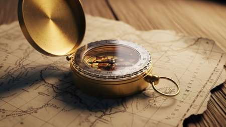 A golden antique compass is open on a textured vintage map, with a soft wooden background.