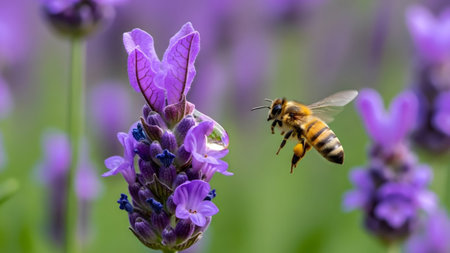 Lavender showing honeybee in flight approaching a purple lavender flower with a glistening...