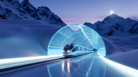 showing futuristic high-speed train traveling through a glowing blue tunnel in a snowy...の写真素材