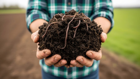 Hands showing farmer holding rich dark soil with earthworms in hands wearing plaid shirt.の写真素材