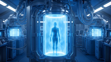 Technology showing futuristic cryo-chamber with glowing human silhouette inside and advanced...の写真素材