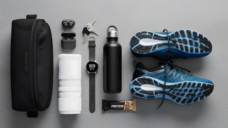 Including showing flat lay of athletic gear including running shoes, water bottle, towel, keys,...