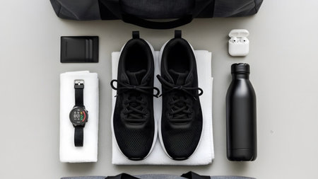 Smartwatch showing flat lay of black athletic shoes, water bottle, wallet, earbuds, smartwatch,...