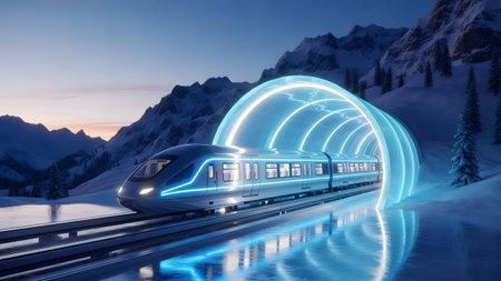 A futuristic train exits a bright blue glowing tunnel into a snowy mountain landscape under a...