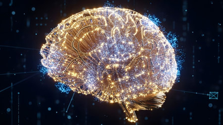 Background showing intricate golden wireframe brain with blue light particles and dark...