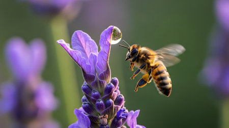 A honeybee hovers near a clear dewdrop on a vibrant purple lavender flower with a soft green...