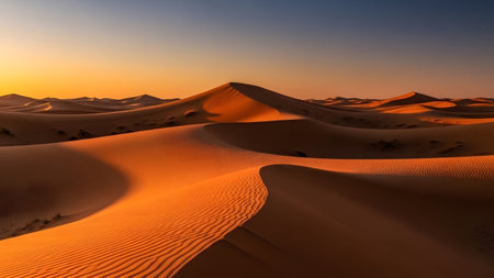 showing golden desert dunes under a warm sunset sky with rippled sand patterns.