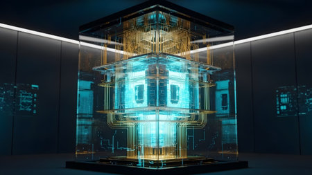 A multi-tiered quantum computer featuring a vibrant blue core and detailed gold circuitry within...の写真素材