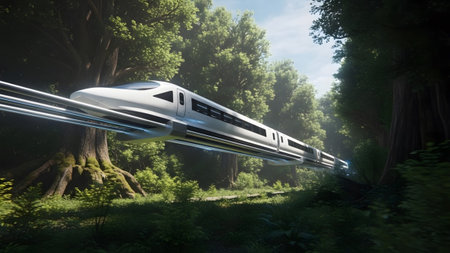 A sleek white futuristic train travels on elevated tracks through a dense, sun-dappled green forest.