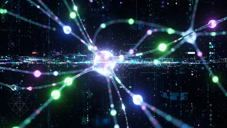 A luminous abstract network of interconnected neurons pulses with colorful lights and streams of...の写真素材