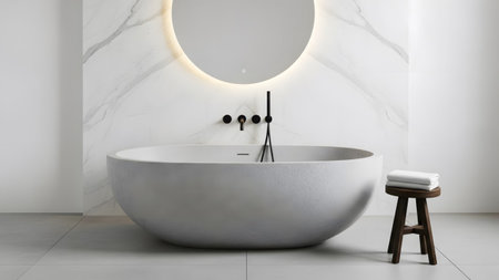 showing freestanding oval bathtub with modern black faucet and illuminated circular mirror...