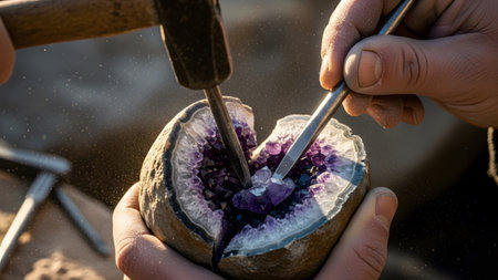 Hands hold a rough geode being opened with a hammer and chisel revealing sparkling purple...の写真素材