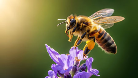 A honeybee with bright yellow pollen baskets on its legs is captured in flight near a purple...