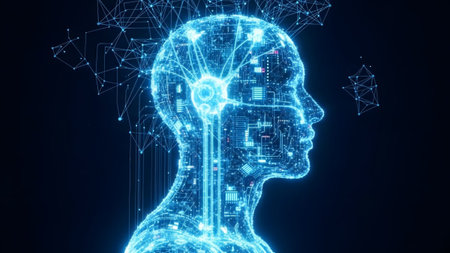 showing profile of a digital human head with blue circuitry and data streams.