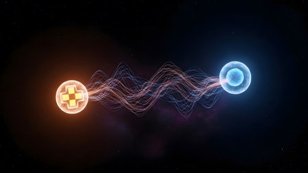 An orange plus symbol orb and a blue cell orb exchange glowing energy waves against a dark...