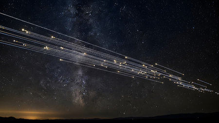 A dense train of Starlink satellites creates a bright luminous line against the dark night sky...