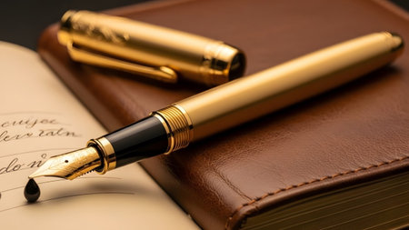 A golden fountain pen with a black ink droplet is positioned on an open brown leather journal...の写真素材