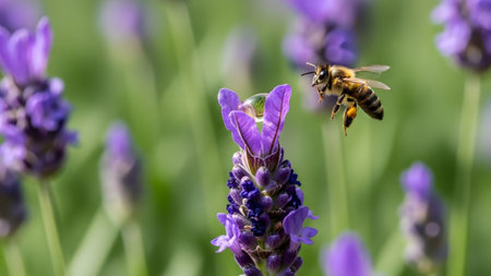 Honeybee showing honeybee hovering near a purple lavender flower with a dewdrop and blurred...