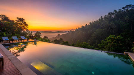 An infinity pool with lounge chairs at sunset overlooks a misty jungle valley filled with palm...の写真素材